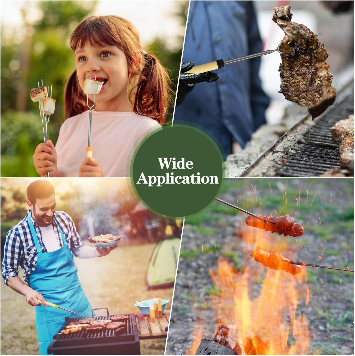 8 Pack Marshmallow Roasting Sticks Set, Extendable 32In Long Metal Barbecue Skewers with Wooden Handle, for Marshmallow, Hot Dogs, Camping, BBQ, Grill(8 Pack) image number 3