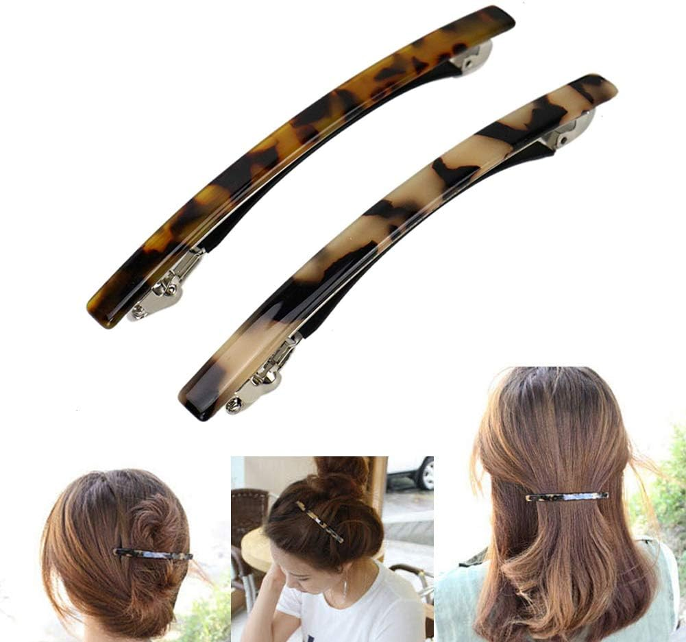 Luckycivia 2 Pack Hair Barrette, Long and Thin Handmade Celluloid Onyx Hair Clip, Elegant Automatic Hair Clip, Barrette Ponytail Holders for Women/Girls - 4 Inches image number 3