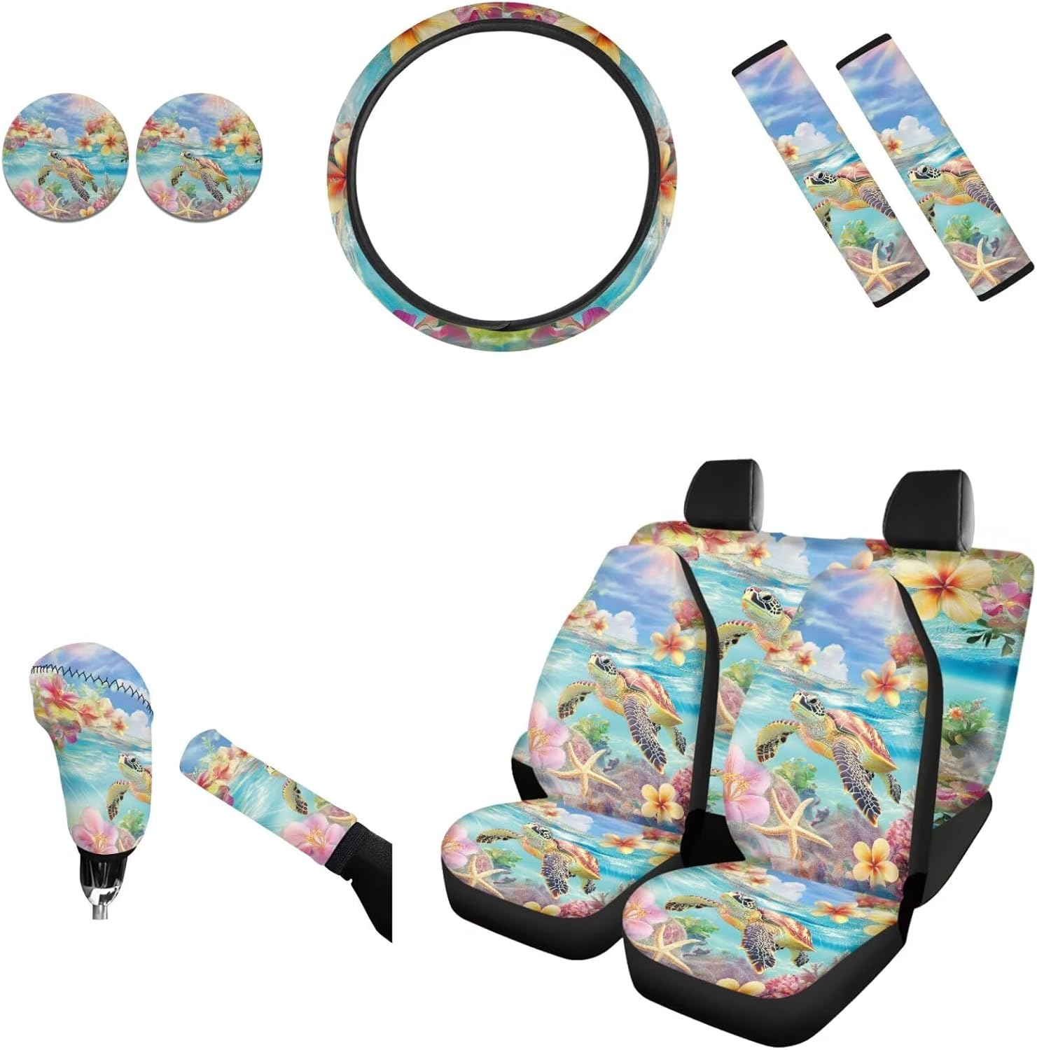 AFPANQZ 11Pack Sea Turtles Car Accessories Set Car Seat Covers Full Set with Steering Wheel Cover/Car Coaster/Handbrake Gear Shift Knob Covers/Seat Belt Shoulder Pads Auto Decoration Women Men