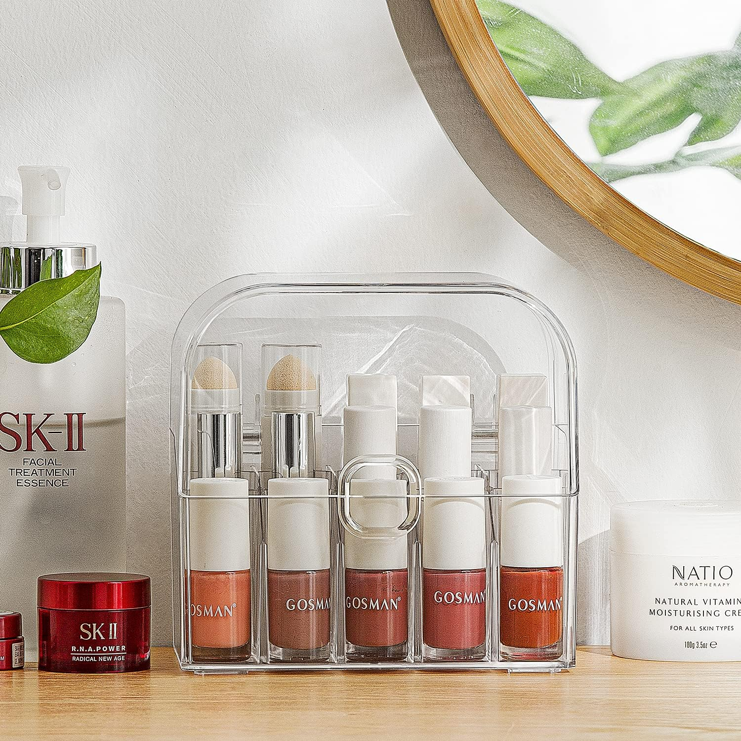 MORNITE Cosmetic Organizer Storage, Lipstick Organizer with Lid, Dustproof Waterproof Lipsticks Dresser Holder Box Case Countertop Makeup Tray, Clear