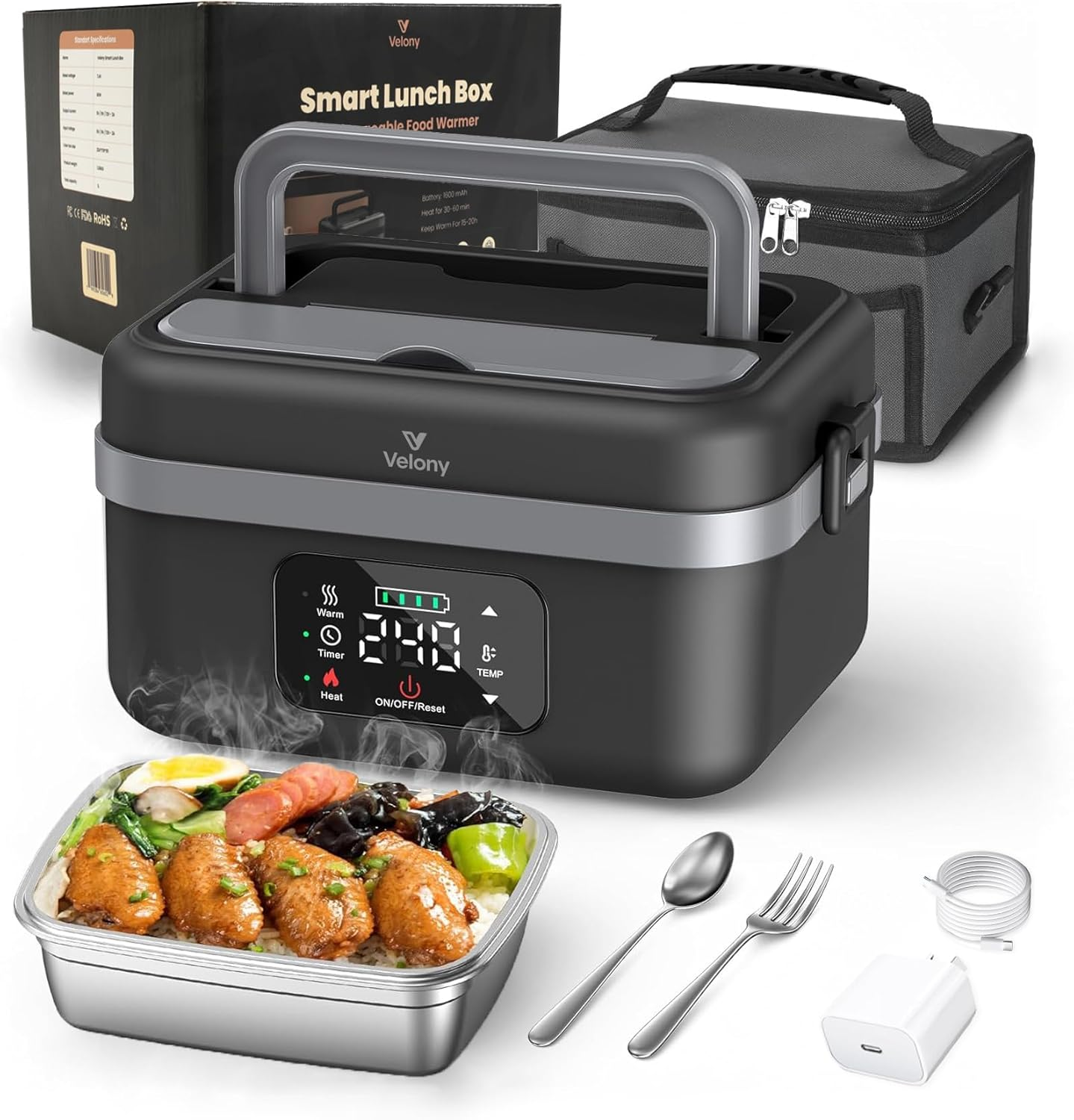 Velony Cordless Electric Lunch Box 16000Mah, Rechargeable Portable Food Warmer with Timer, 1L Stainless Steel Container & Insulated Bag - Perfect for Work, Tradies, Car, and Outdoor