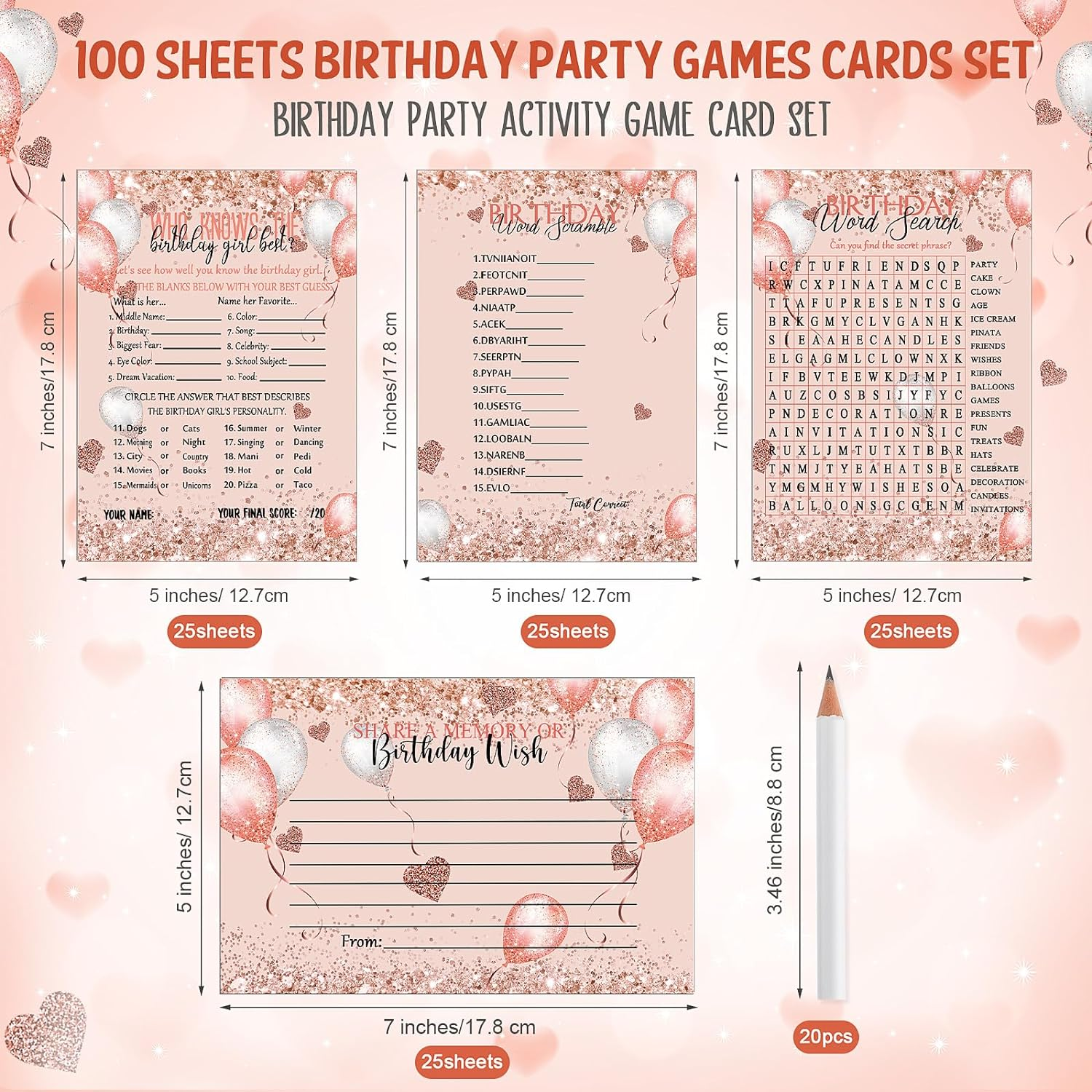 Birthday Party Cards 100 Pcs Who Knows the Birthday Girl Cards with 20 Pencils Girly Pink Sprinkles Birthday Cards Set for Child Teen Adults Sweet Sleepover Party Supplies, 4 Activities image number 5