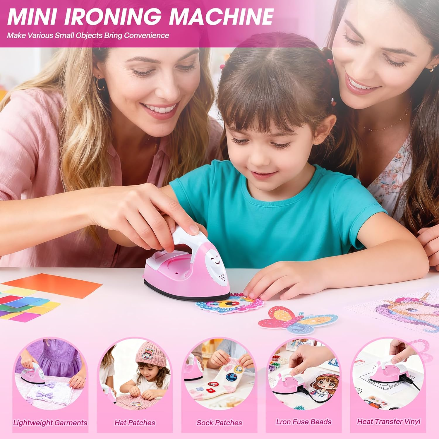 Mini Craft Iron, Pink Mini Heat Press Machine, Portable Travel Handy Heat-On for DIY Transfer Projects, Crafting Clothes image number 4