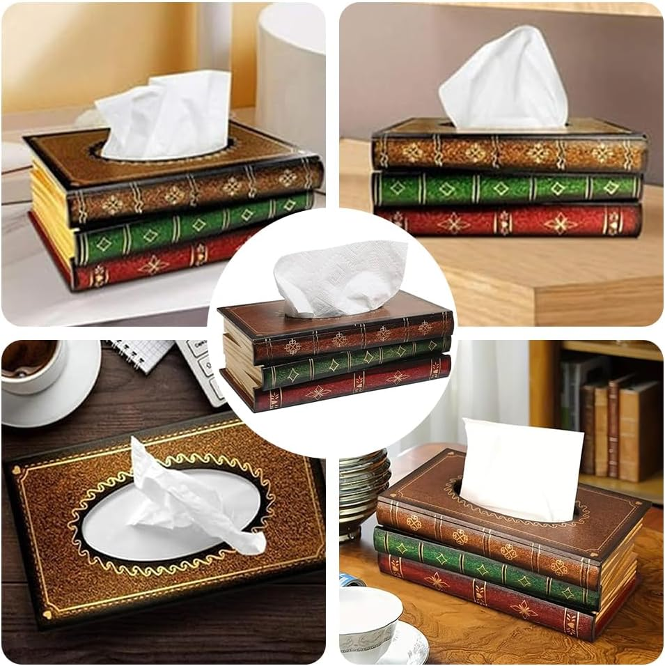 Square Tissue Box Holder with Durable Material, Antique Book Tissue Holder Dispenser, Retro Wooden Antique Book Tissue Box, Decor for Bathroom, Living Room, Office, Car, Kitchen image number 4