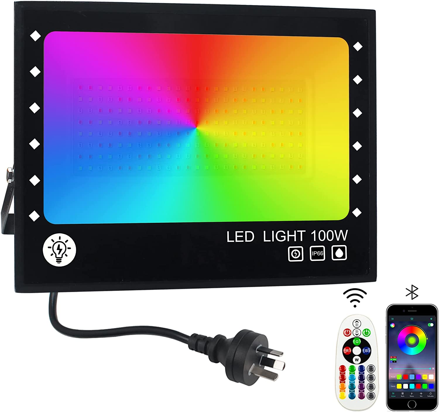 BOSITE 100W RGB LED Flood Light Outdoor Waterproof IP66 Colour Changing Portable Floodlight with Smart Bluetooth App Control & Group Control for Garden Terrace Stage Lighting Christmas Party