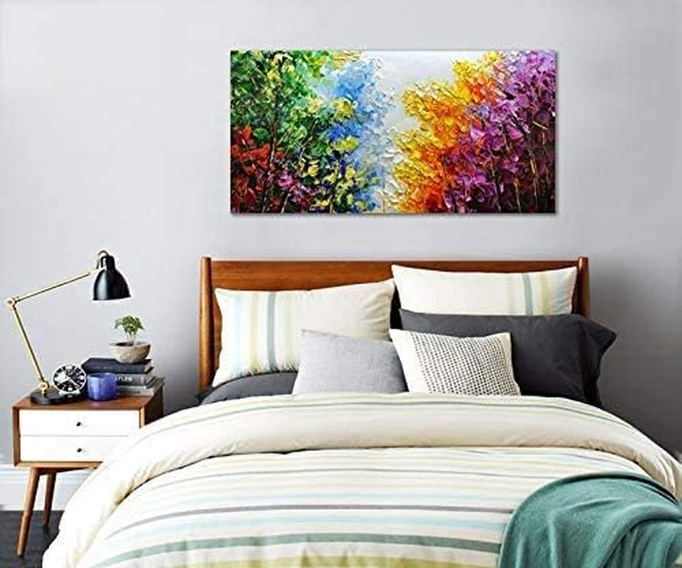Framed Oil Painting,Hand Painted Modern Abstract Textured Big Wall Paintings,Can Be Hung Home Decoration Large Canvas Wall Art,Colorful Forest (100 X 50 Cm) image number 2