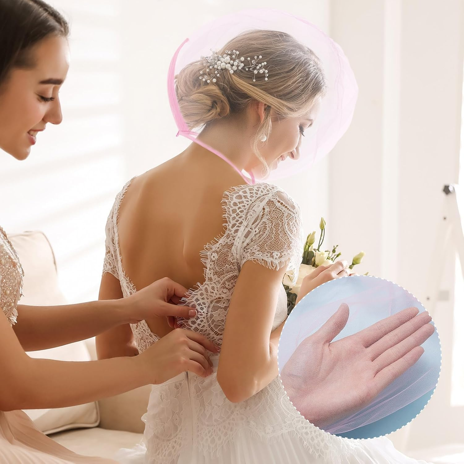 Flutesan 3 Pieces Makeup Protector Hood Protects Hair and Make up Nylon Chiffon Light Airy Makeup Hood Zipper Closure Face Cover Washable Hair Net Face Mask Cover for Women Beauty Weddings(Pink) image number 5