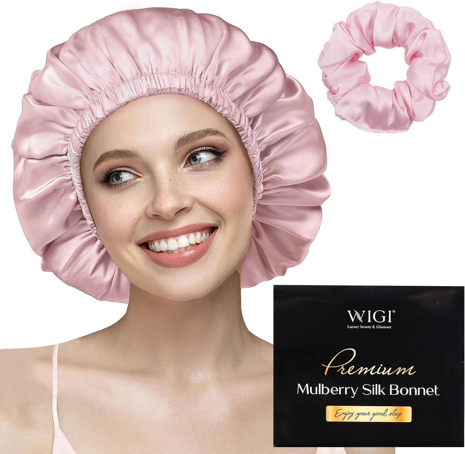 WIGI 100% Mulberry Silk Bonnet with Scrunchie Gift for Women, Silk Bonnet for Sleeping, Shower Cap Hair Bonnet, Silk Hair Wrap for Hair Care (100% Mulberry Silk (Round Design), Green)