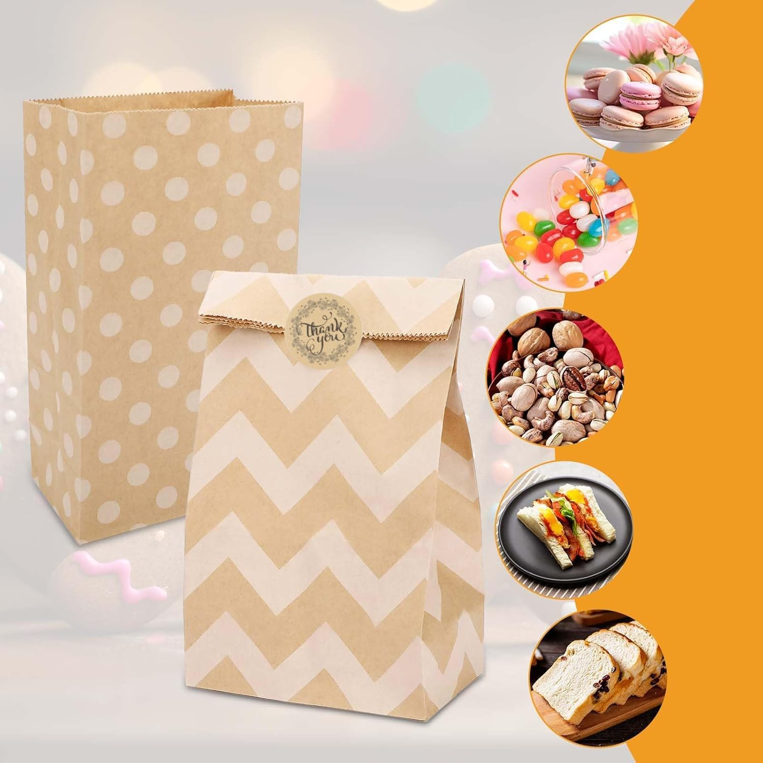 24PCS Kraft Paper Gift Bags Set with Thank You Stickers, 6 Mixed Patterns ﻿