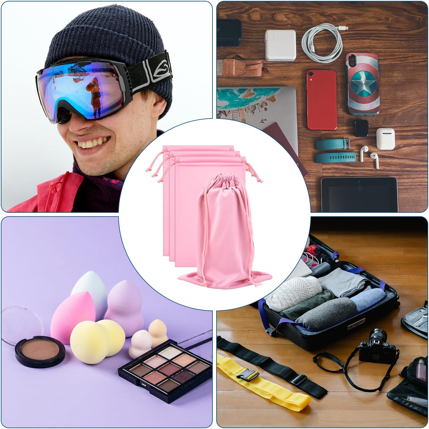 PEUTIER 4Pcs Ski Goggle Cover Bags, 10.6X7.1 Inch Snow Goggle Pouch Case with Drawstring Eyeglasses Lens Storage Accessories image number 5