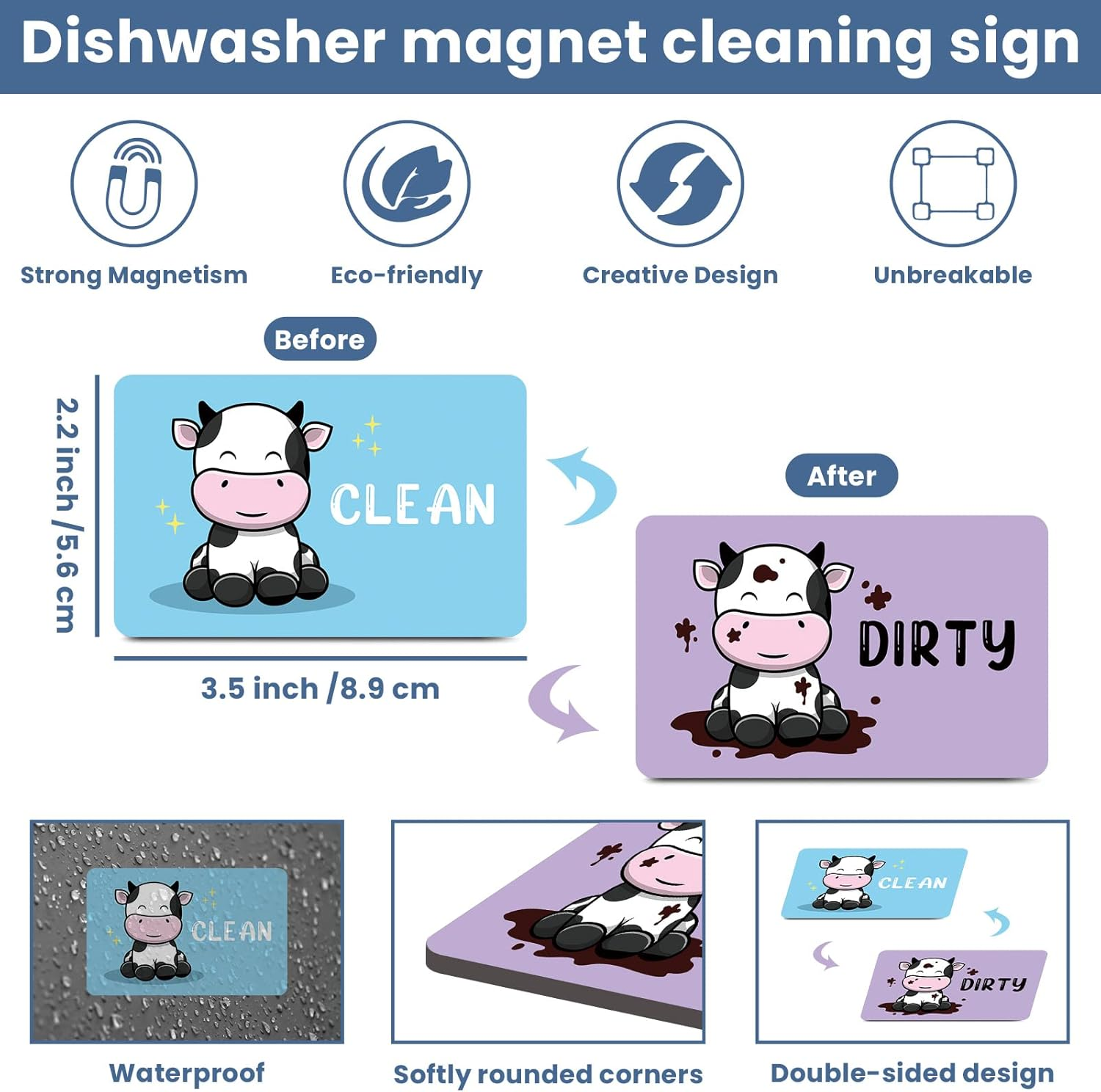 HSSPIRITZ Funny Cute Cow Cartoon Clean Dirty Dishwasher Magnet,Universal Kitchen Flip Sign Indicator,Refrigerator Dish Washer Laundry Accessories Decor Magnet for Mother'S Day (Cow) image number 5