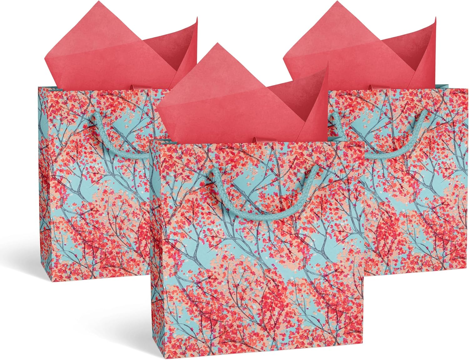 GIVEWRAP&reg; the Gift Wrap That Gives to Charity. 3Pcs Gift Bags Cherry Blossom Large Size with Handle and Gift Tag. for Any Birthday, Weddings, Mothers Day & Special Occasion 33Cm*26.5Cm*14Cm Eco-Friendly