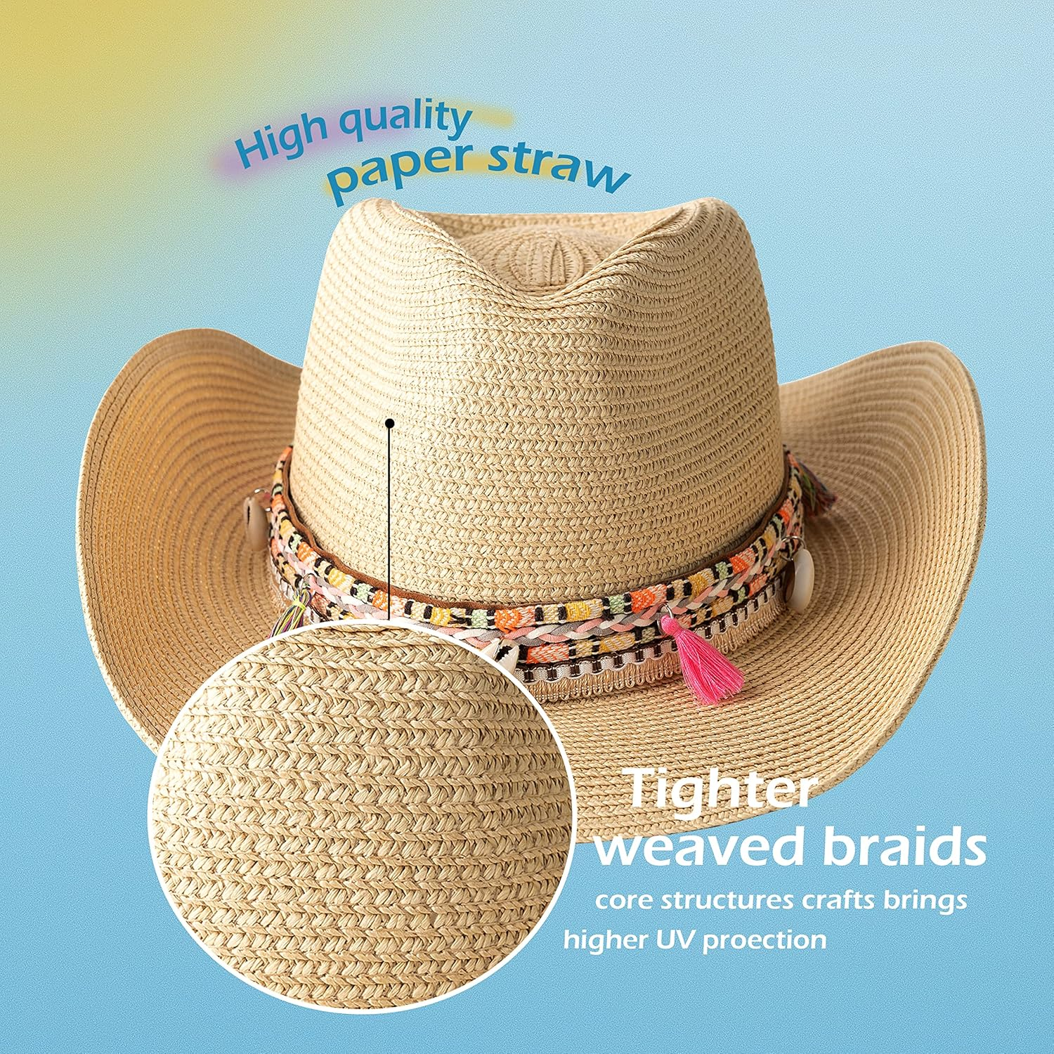 Gossifan Women'S Woven Straw Cowboy Hat W/Beaded Trim Band Hat Beach Holiday Sun Hats - A Belt Beige image number 6
