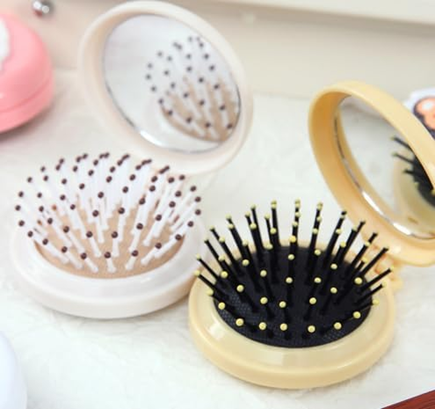 Little Pig Travel Hair Brush Pocket Comb with Mini Mirror Portable Compact Folding Hair Brushes round Mini Compact Massage Comb for Girls and Women, Styling Tools and Appliances, Hair Combs (2H968) image number 3