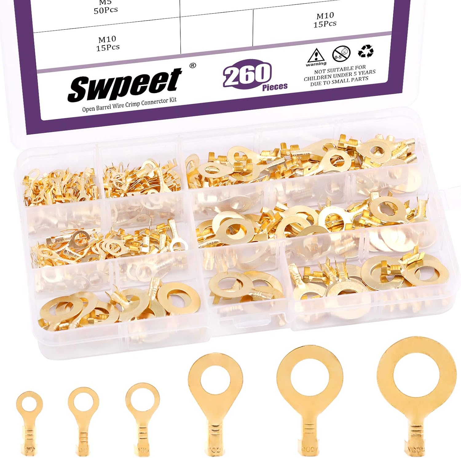 Swpeet 240Pcs Gold M3 M4 M5 M6 M8 M10 Non-Insulated Open Barrel Wire Crimp Copper Terminal Connerctor Kit, O-Type Ring Lugs Crimp Cable Terminal for Crimp Solid Wires or Stranded Wires image number 4