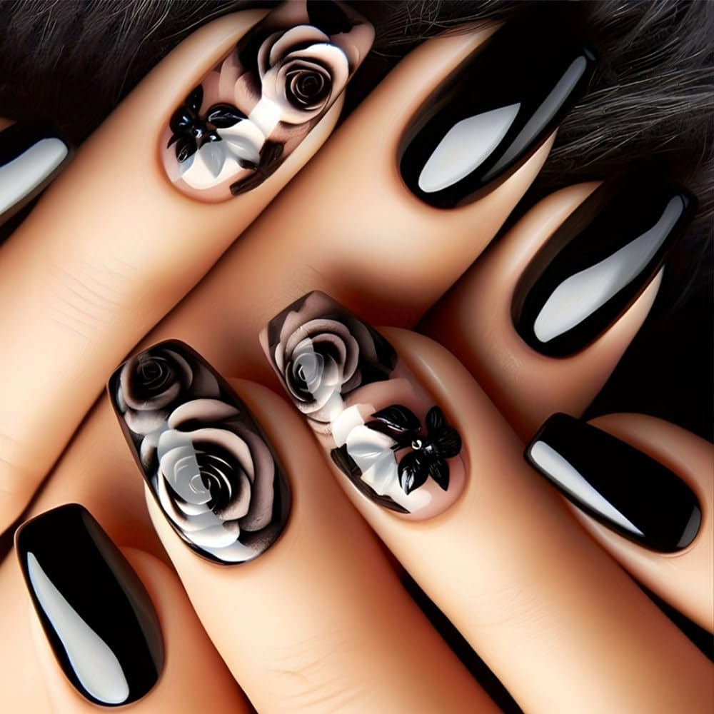 ＴＩＺＹＦＦ Press on Nails, Black Rose Fake Nails, Artificial Nails for Women and Girls -24 Pcs image number 6