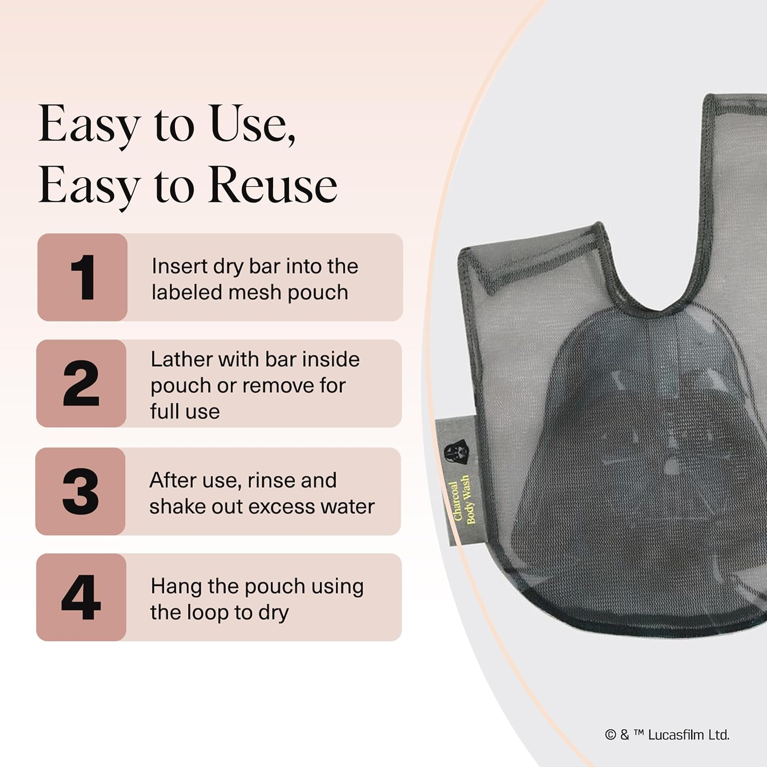 Kitsch X Star Wars Bar Soap Saver Bag &ndash; Recycled Mesh Beauty Bar Pouch for Body Wash, Conditioner & Shampoo Bars, Holder to Preserve Soap, Eco-Friendly, Patented Bag - Darth Vader image number 3