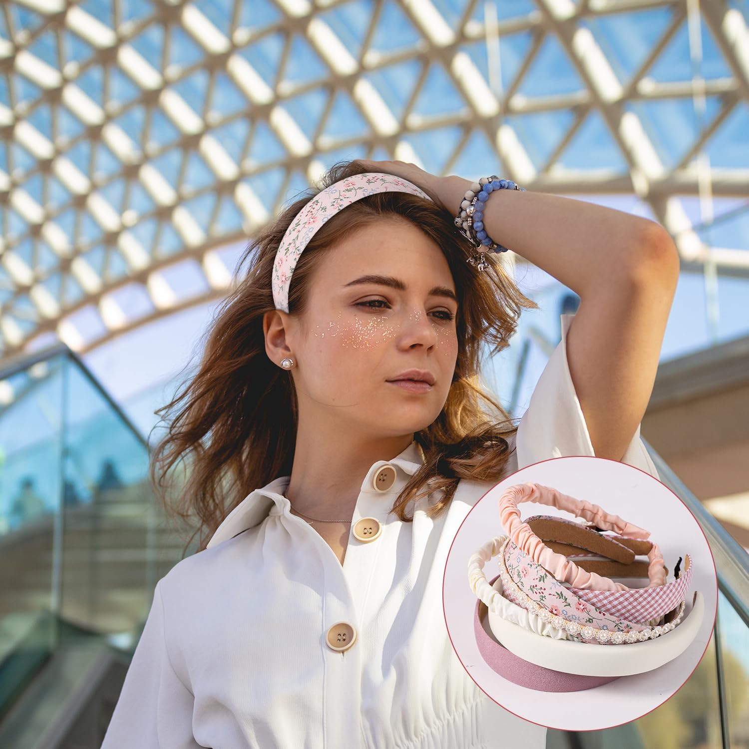 NQEUEPN 7Pcs Cute Headbands Set for Women Girls, Anti-Slip Flower & Padded Headband Stylish Pearl Head Band Vintage Pink White Twisted Plaid Headband Hair Accessories image number 2