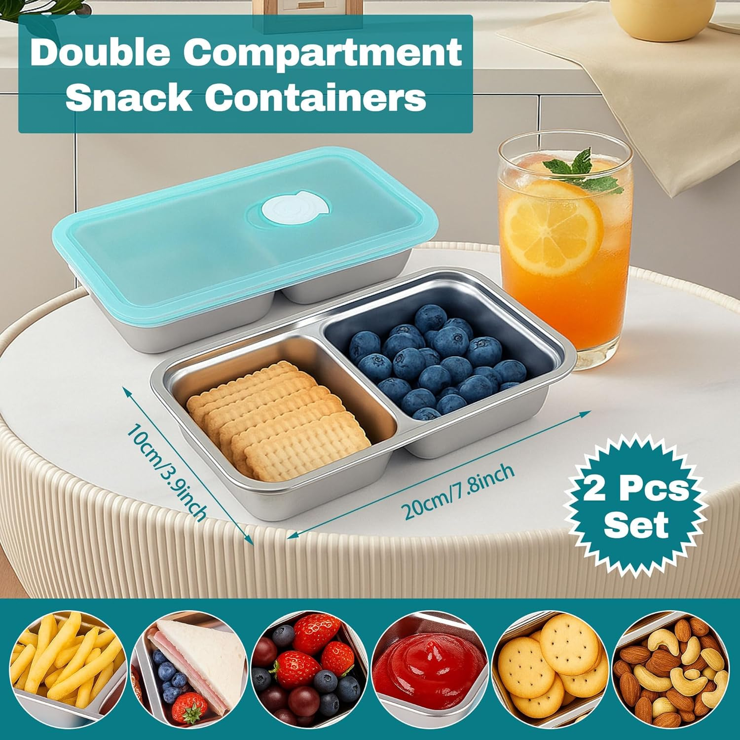 2PCS Reusable Snack Containers with Lids - Stainless Steel Bento Box - Stainless Steel Food Storage Containers - Dishwasher and Suitable for Kitchen Snacks Dips Take Out Travel and Outdoor Camping image number 3