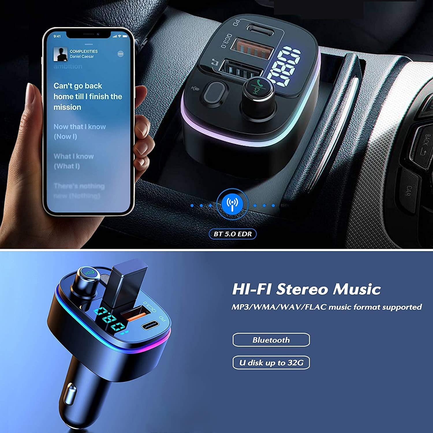 Bluetooth 5.0 FM Transmitter for Car, 3 USB Ports Fast Charger with QC3.0 18W and PD 18W USB C Car Charger, Bluetooth FM Radio Adapter Hands-Free Calling, Voice Assistant MP3 Player Car Charger 3In1 image number 6