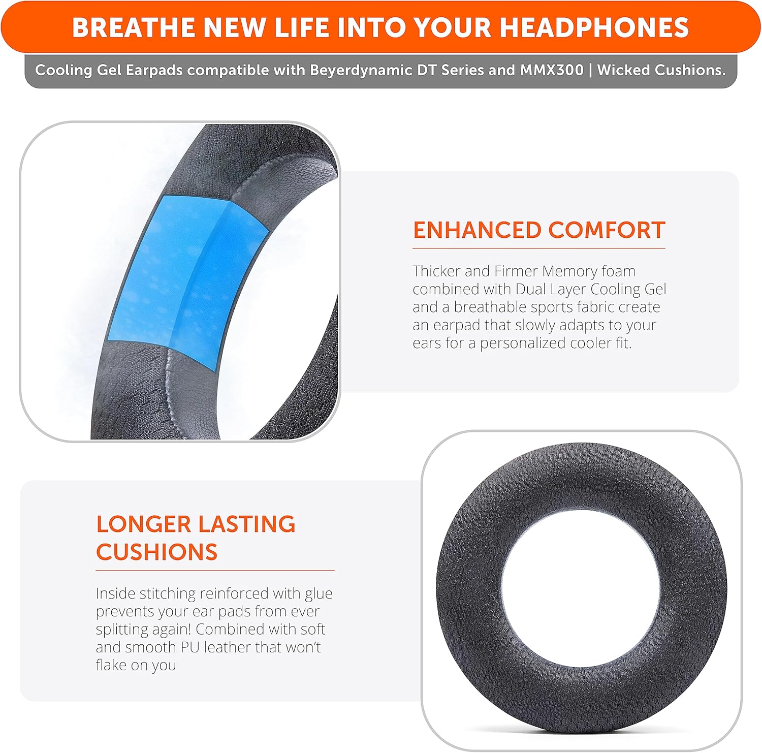 WC Freeze DT770 - Cooling Gel Ear Pads for Beyerdynamic DT770, DT990, DT880, MMX300, DT1770, DT1990 Headphones | Sport Fabric Exterior, Noise Isolation, Enhanced Foam, Cooler for Longer | Black image number 1