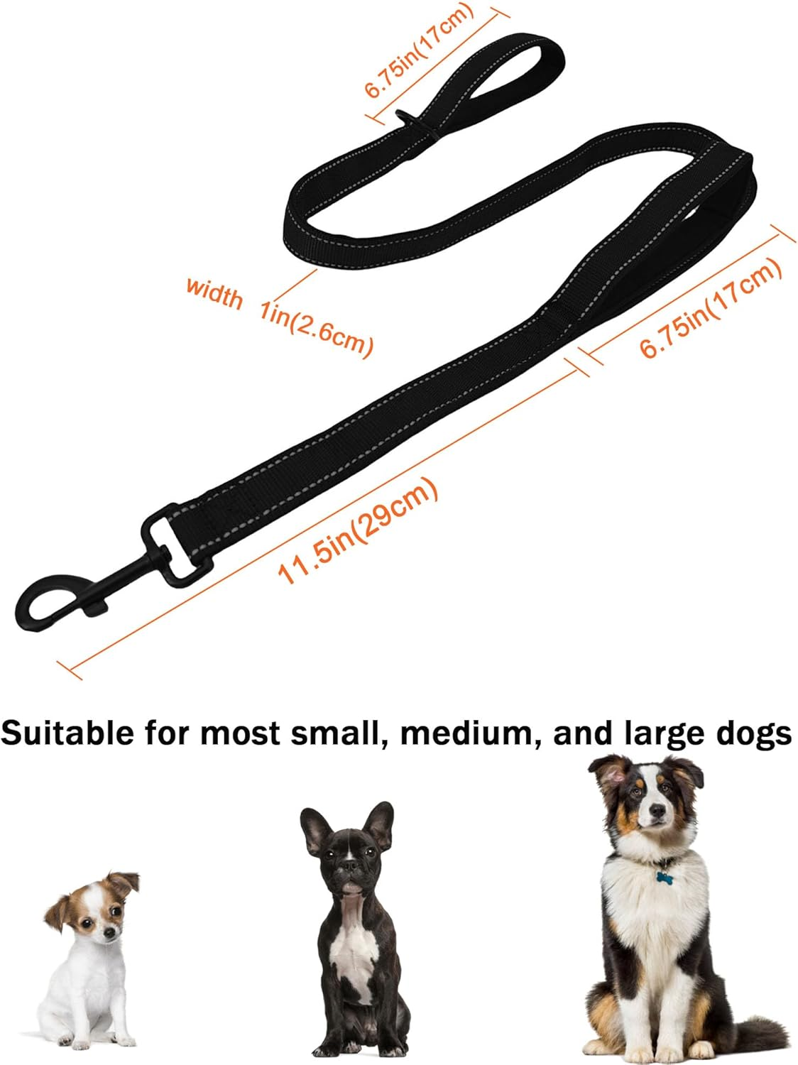 Solmoony 4FT Black Strong Dog Leash with 2 Padded Handles, Traffic Handle Extra Control, Double-Sided Reflective Walking Lead for Small Medium and Large Dogs(Black, 4FT) image number 7