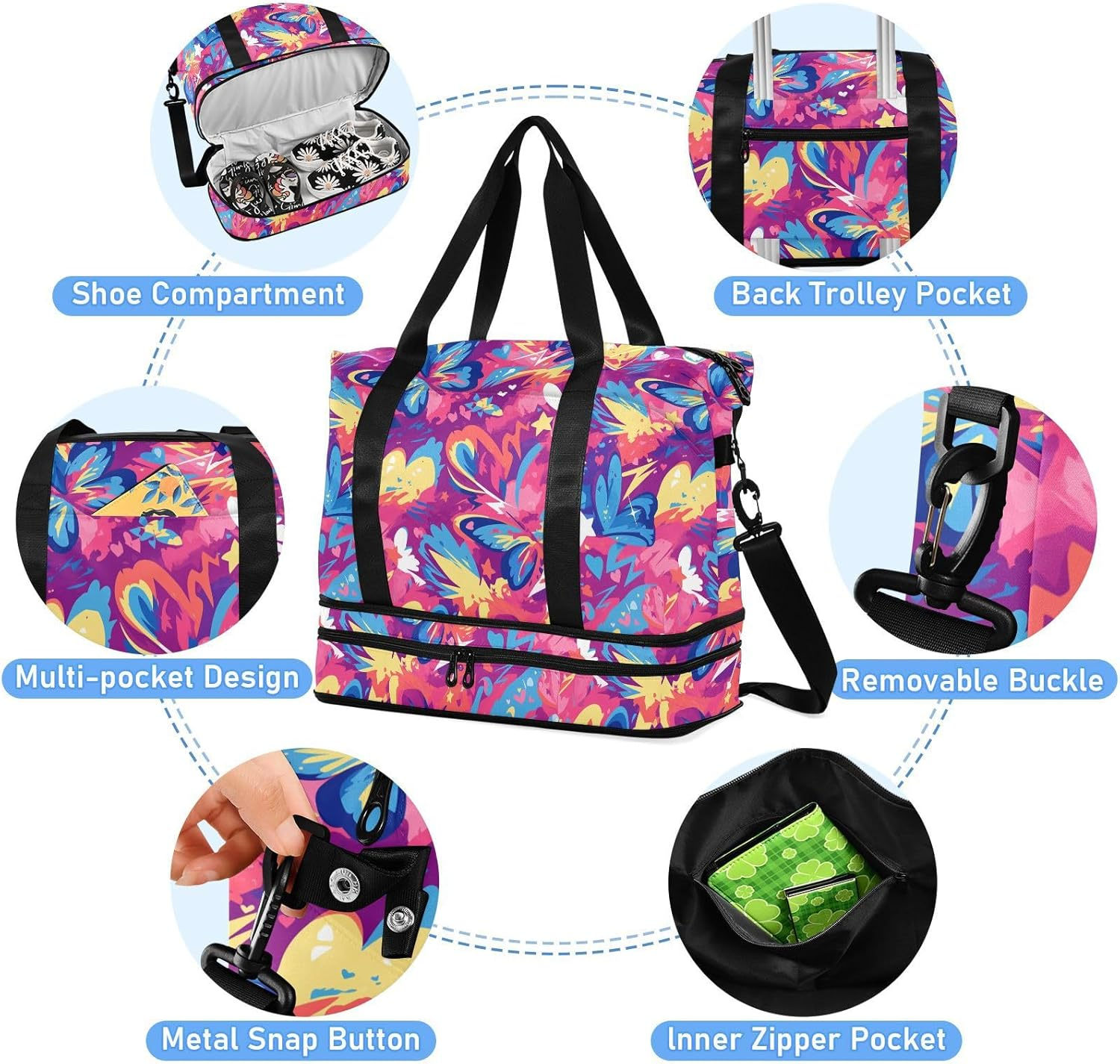 Graffiti Artwork Butterflies Hearts Purple Large Bags Weekender Duffel Bag Tote Bag with Adjustable Strap for Travel 2 Pcs Set, Graffiti Artwork Butterflies Hearts Purple, 1 Size