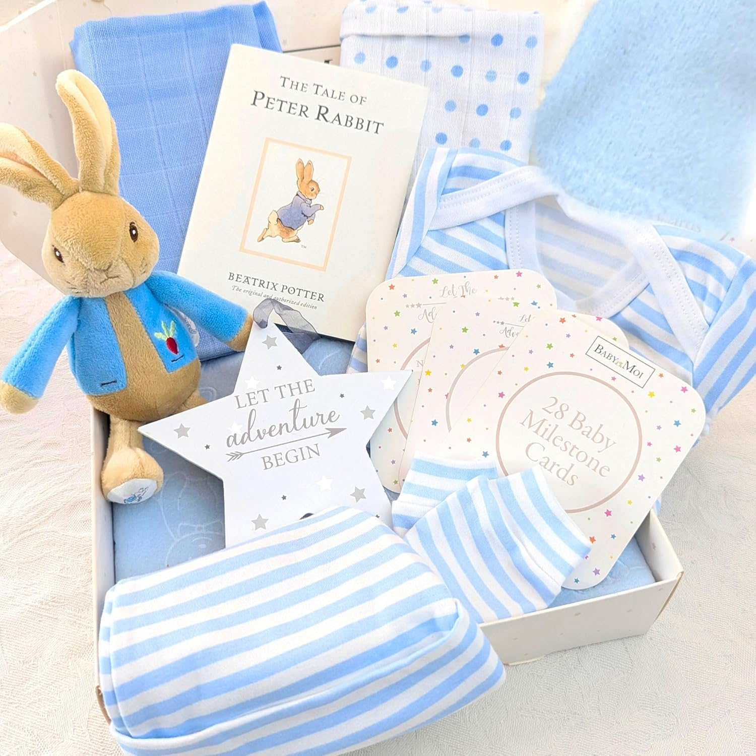 New Baby Boy Gift Set Peter Rabbit Baby Gifts, Peter Rabbit Book, Baby Milestones Baby Clothes Blanket Star Plaque 10 Piece image number 2
