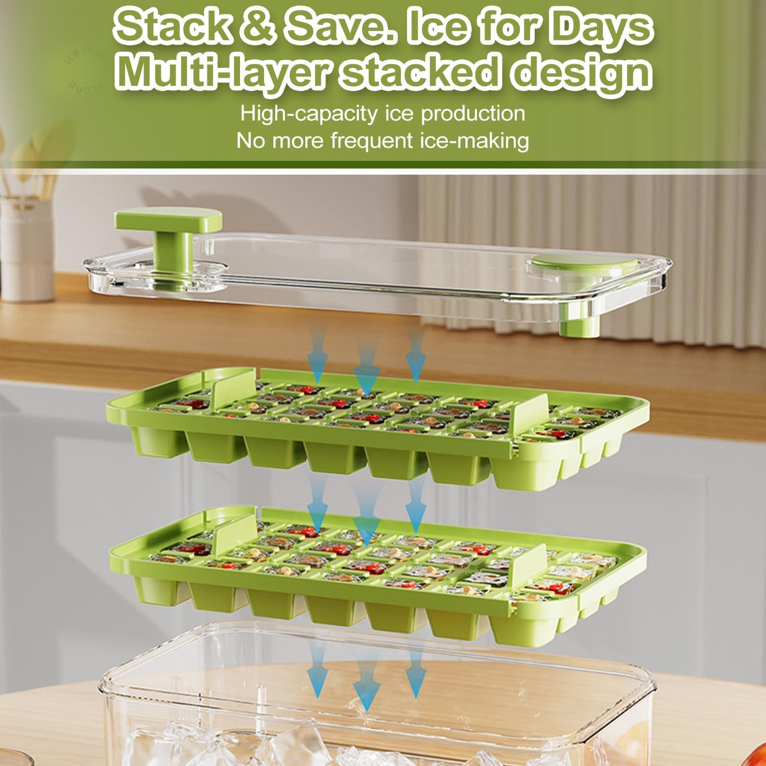 84-Piece Ice Cube Tray with Lid & Bin, WEKUBA 2026 Upgraded One-Button Release Ice Cube Trays, with Ice Scoop, for Frozen Food, Drinks, Coffee,Fruit, Whiskey,Cocktails,Juice and Ice Cream，Green image number 3