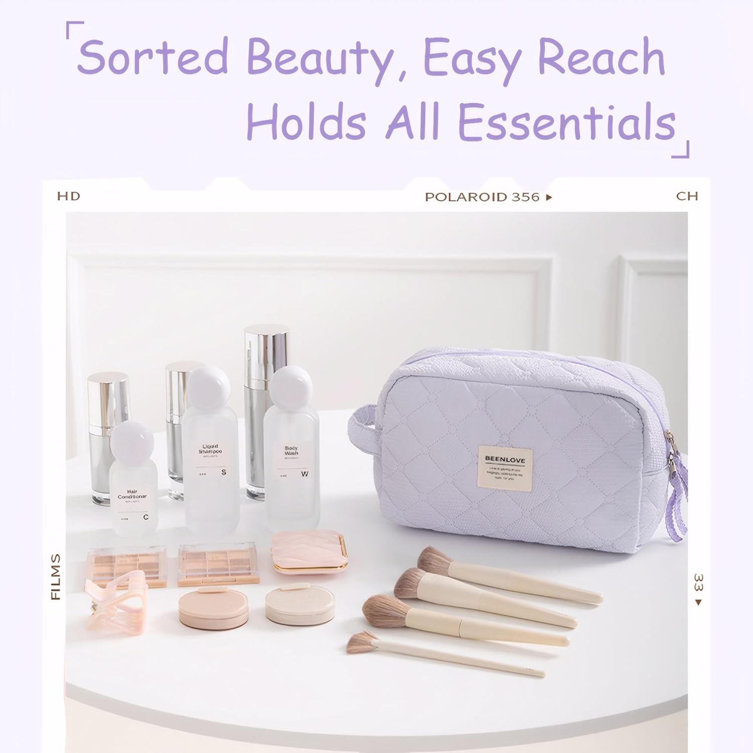 Quilted Cotton Makeup Bag Travel, Portable Toiletry Cosmetic Pouch Organiser (Off White) image number 5