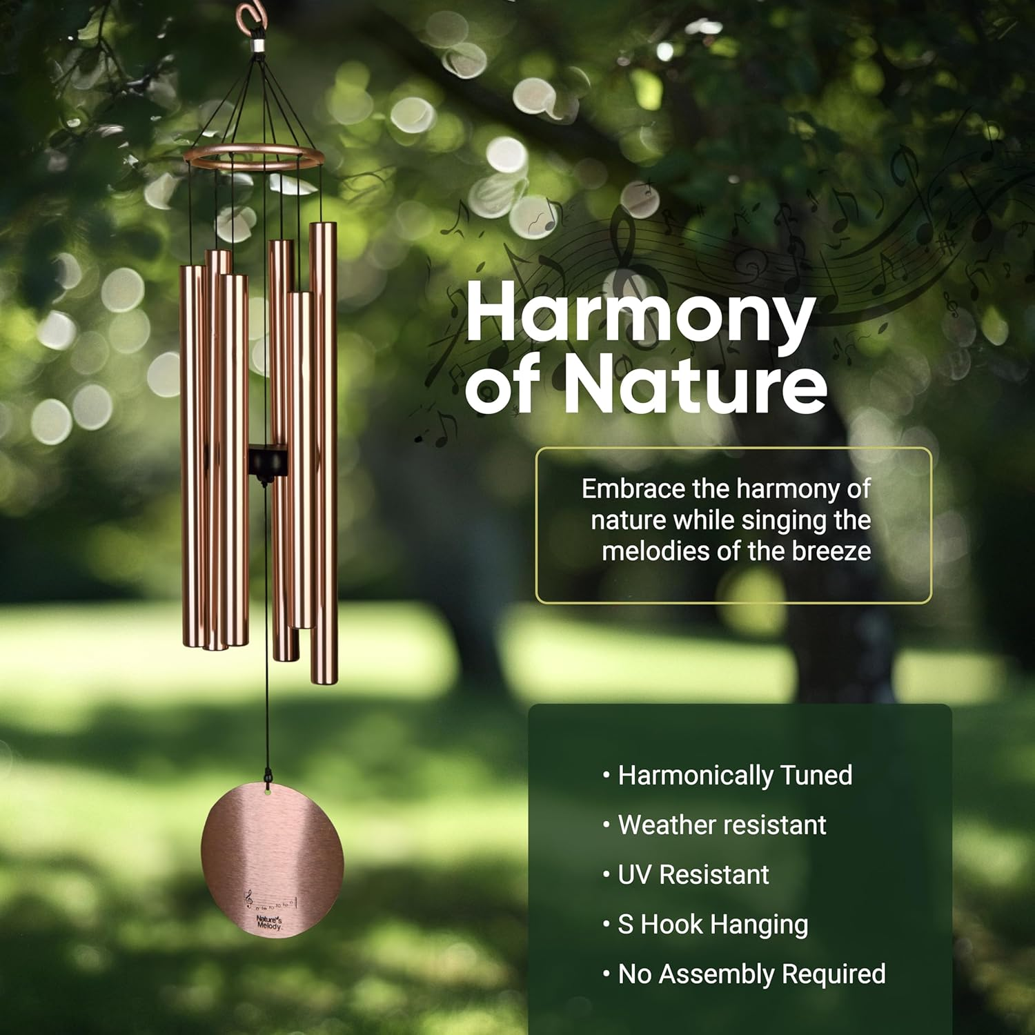 Nature&rsquo;S Melody Aureole Tunes Wind Chimes &ndash; Outdoor Windchime with 6 Tubes Tuned to E Pentatonic Scale, 100% Rustproof Aluminum, Powder Finish & S Hook Hanger for Sympathy, Memorial Gift or Zen Garden