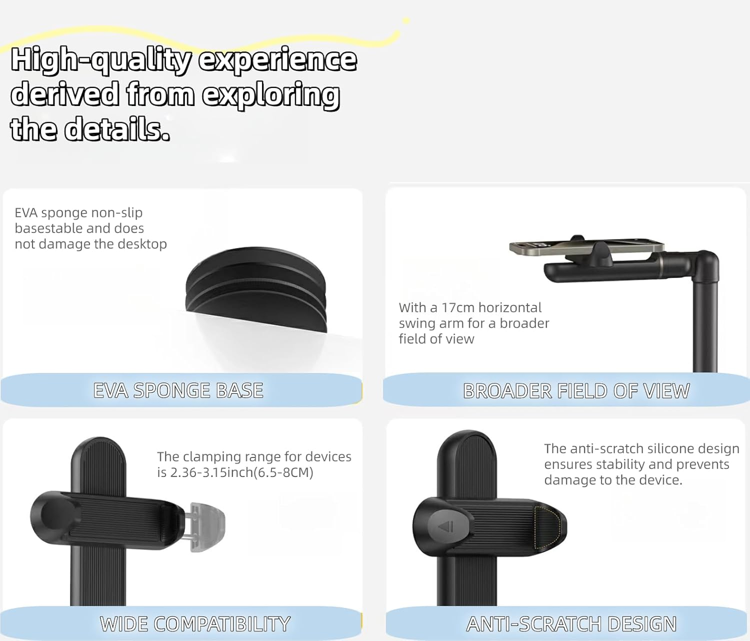 Wigmoa【25Inch/63Cm Aluminum Overhead Phone Mount360&deg; Angle Adjustable Cellphone Stand Holder 4"-6.9" Table Top Youtube Streaming Content Creator Video Recording. YE-S image number 4