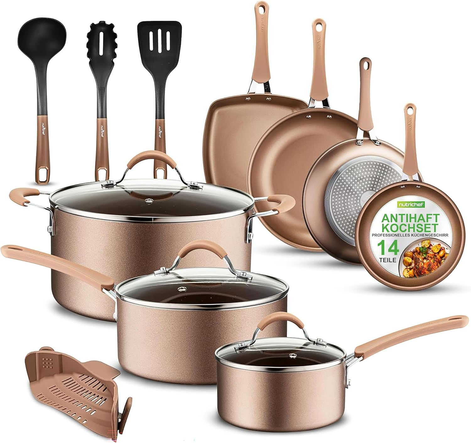 Nutrichef 14-Piece Nonstick Cookware Ptfe/Pfoa/Pfos-Free Heat Resistant Lacquer Kitchen Ware Set W/Saucepan, Frying Pans, Cooking, Dutch Oven Pot, Lids, Utensil NCCW14S, Agold