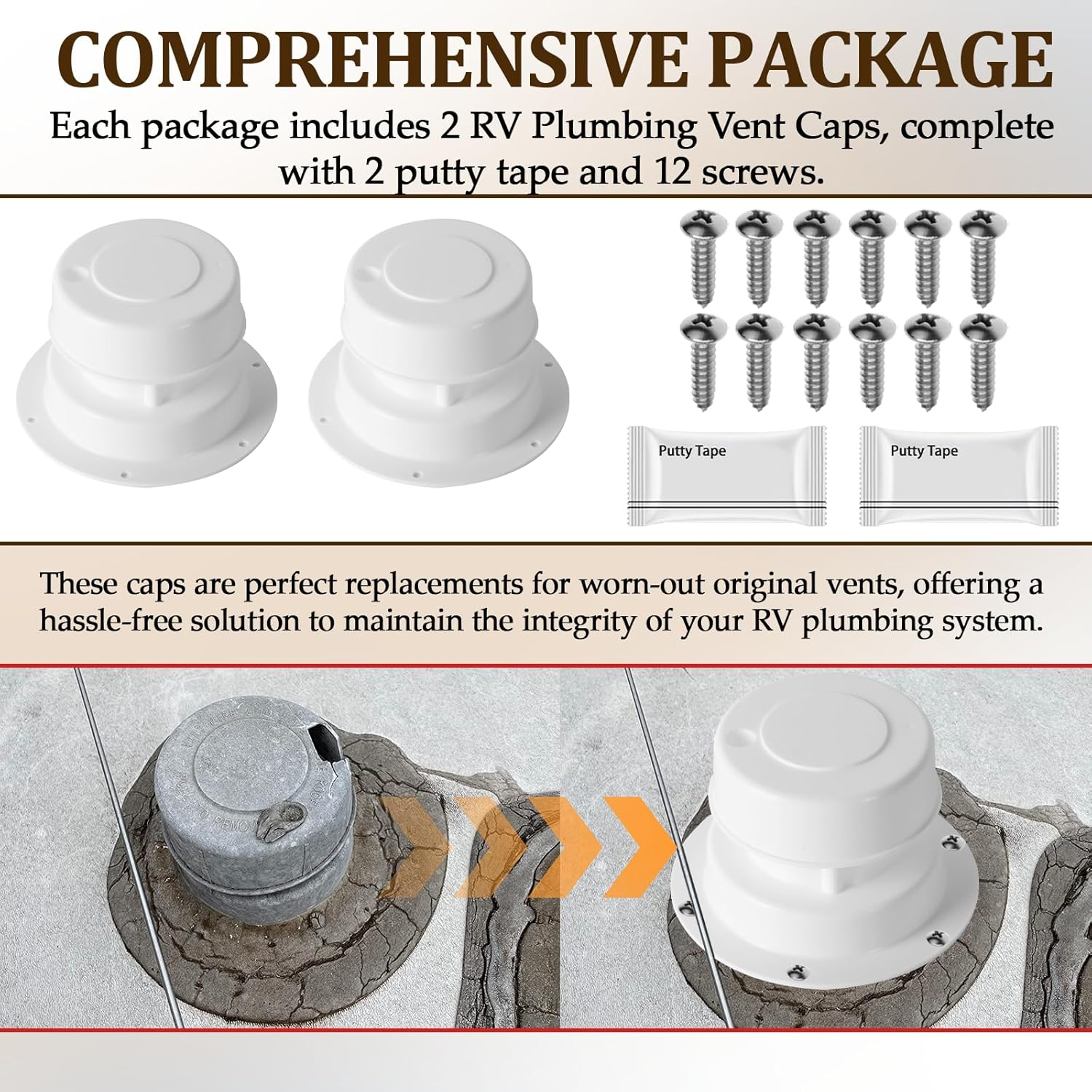(2 Pack, White RV Roof Vent Cover Kits with Putty Tape and Screws, Camper Vents Cap for Trailer RV Roof Vent Cover Replacement, Camper Plumbing Vents Caps Kit for 1" to 2-3/8" OD Pipe