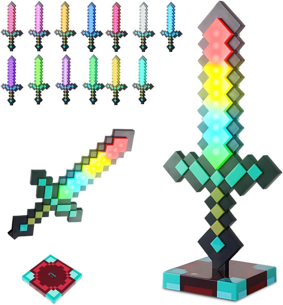 SGZIOO Diamond Sword Lamp Carft, 13 Night Light Lamp for Gaming with Sword Aura Sound Effects, Diamond Sword Toy, USB Rechargeable for Bedside Lamp with Base, DIY Gifts for Children image number 2