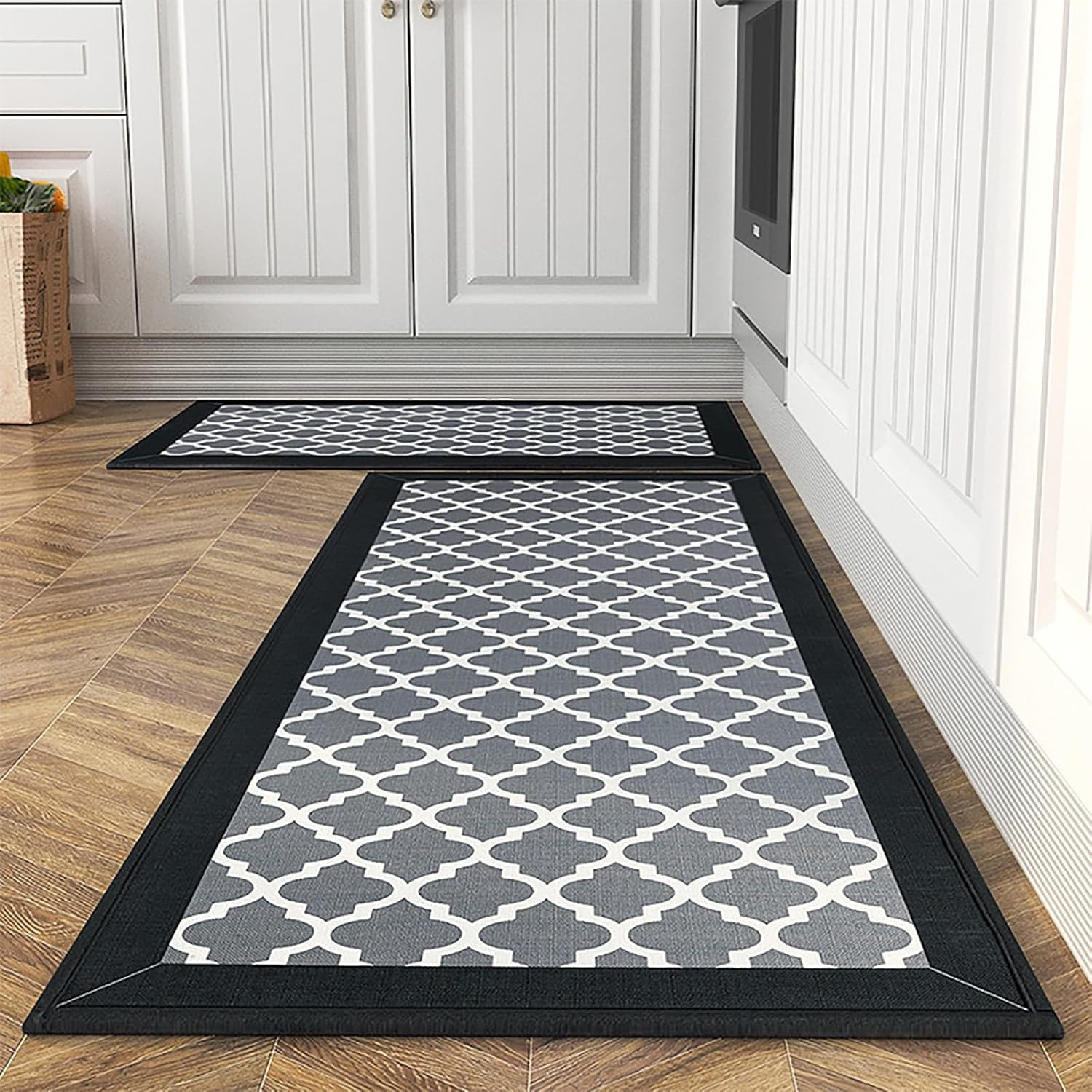 Non Slip Absorbent Kitchen Floor Mat for Standing Front Sink - Non-Skid & Comfort Kitchen Rugs and Mats, Door Mat for Laundry, Kitchen (Black Flower, 44 * 75+44 * 148 Cm)