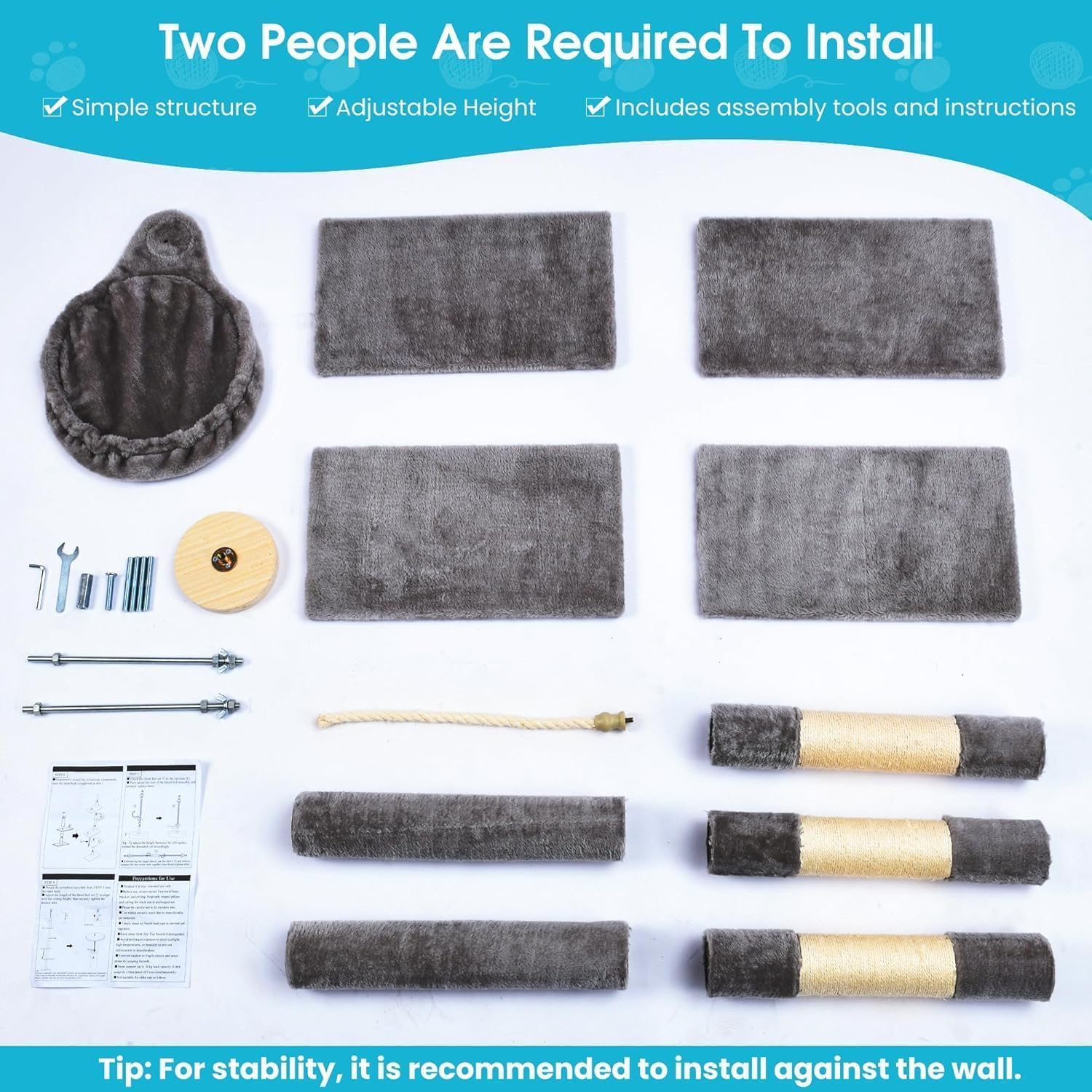 Cat Tree Floor to Ceiling, 5-Tier Cat Tower with Cozy Hammock, 220-274Cm Adjustable Height, Sisal Cat Scratching Post Provide Cats Vertical Enrichment to Jump and Climb (Dark Grey) image number 4