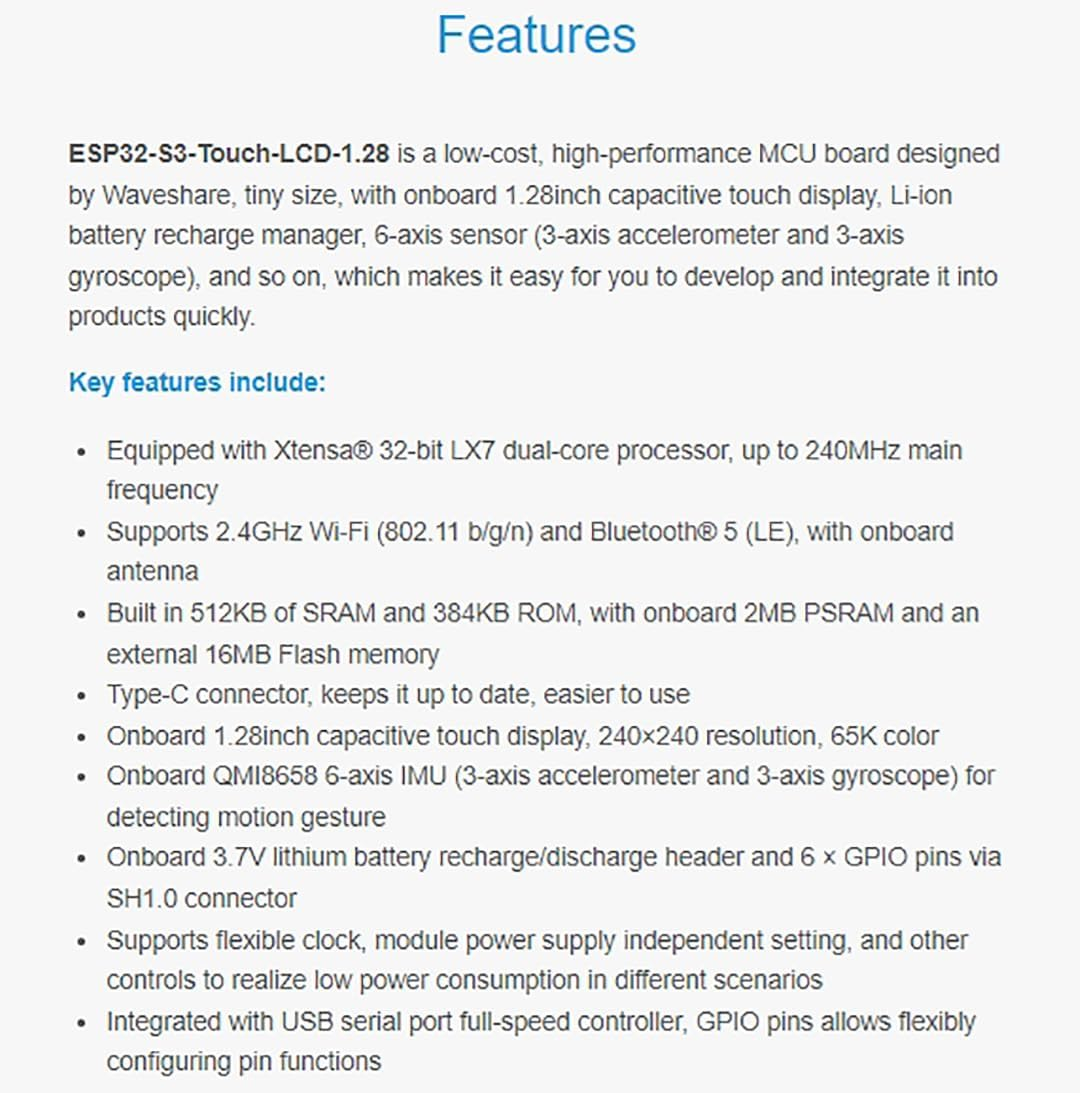 ESP32-S3 MCU Board with Onboard 1.28Inch round Touch LCD and 6-Axis Sensor Etc, 32-Bit LX7 Dual-Core Processor, Supports 2.4Ghz Wi-Fi (802.11 B/G/N) and Bluetooth 5 (LE), Type-C Port - 1.28Inch+Touch image number 4