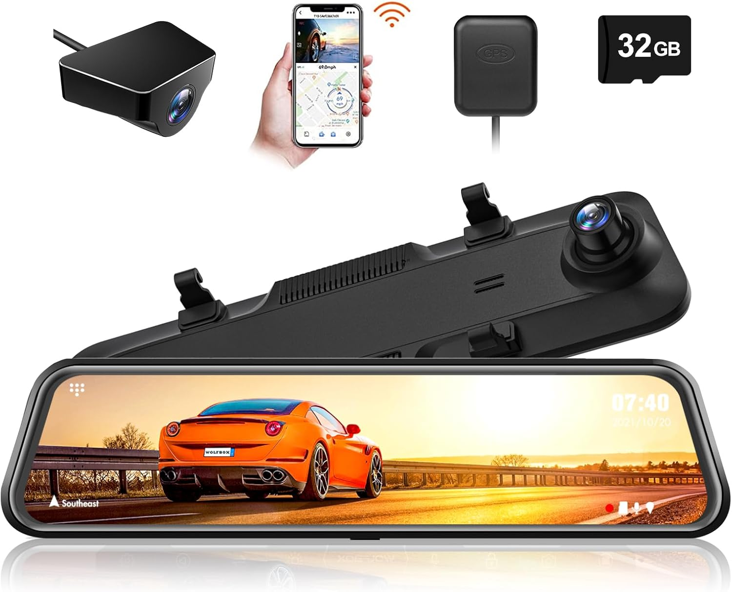WOLFBOX G840H 12'' Mirror Dash Cam, with 2.5K Front Camera and 1080P Rear Camera, Wifi-Enabled Mirror Dash Cam Front and Rear, Includes a 32GB Card & GPS image number 6