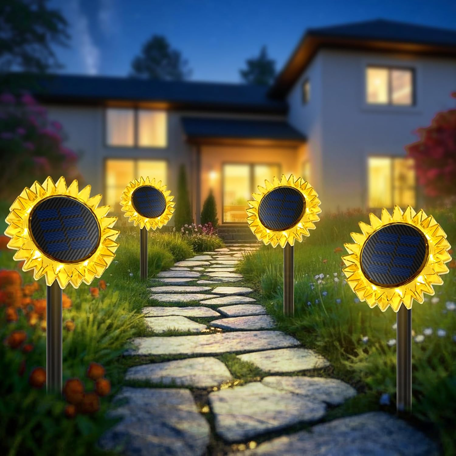 Solar Pathway Lights - 4 Pack LED Sunflower Garden Light, Waterproof Outdoor Decor for Wall, Lawn, Yard, Walkway, Patio, Landscape image number 3