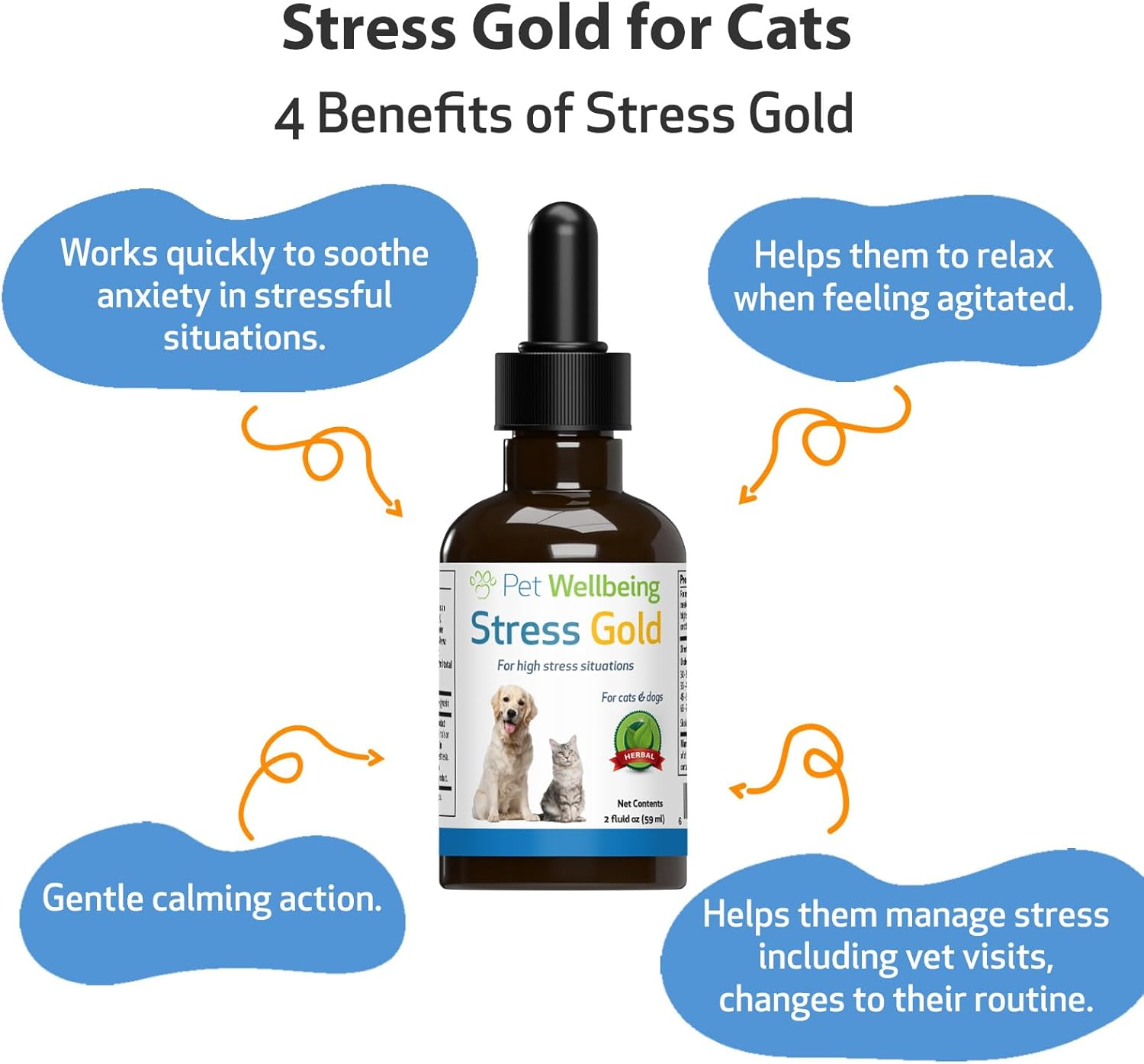Pet Wellbeing Stress Gold for Cats - Occasional High Stress and Restlessness, Supports Relaxation, Travel, Vet Trips, Skullcap, Valerian - Veterinarian-Formulated Herbal Supplement 2 Oz (59 Ml) image number 6