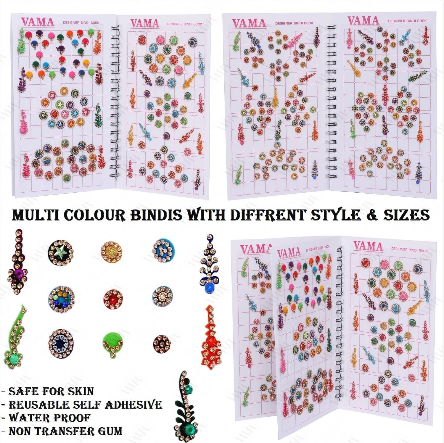 VAMA Multicolor Mix Size Mix Designer Assorted Velvet Self-Adhesive Paper Cutting Golden Diamond Stone round Long Sparkle Kumkum Bindi Book for Women, 17 Cm X 10 Cms image number 1