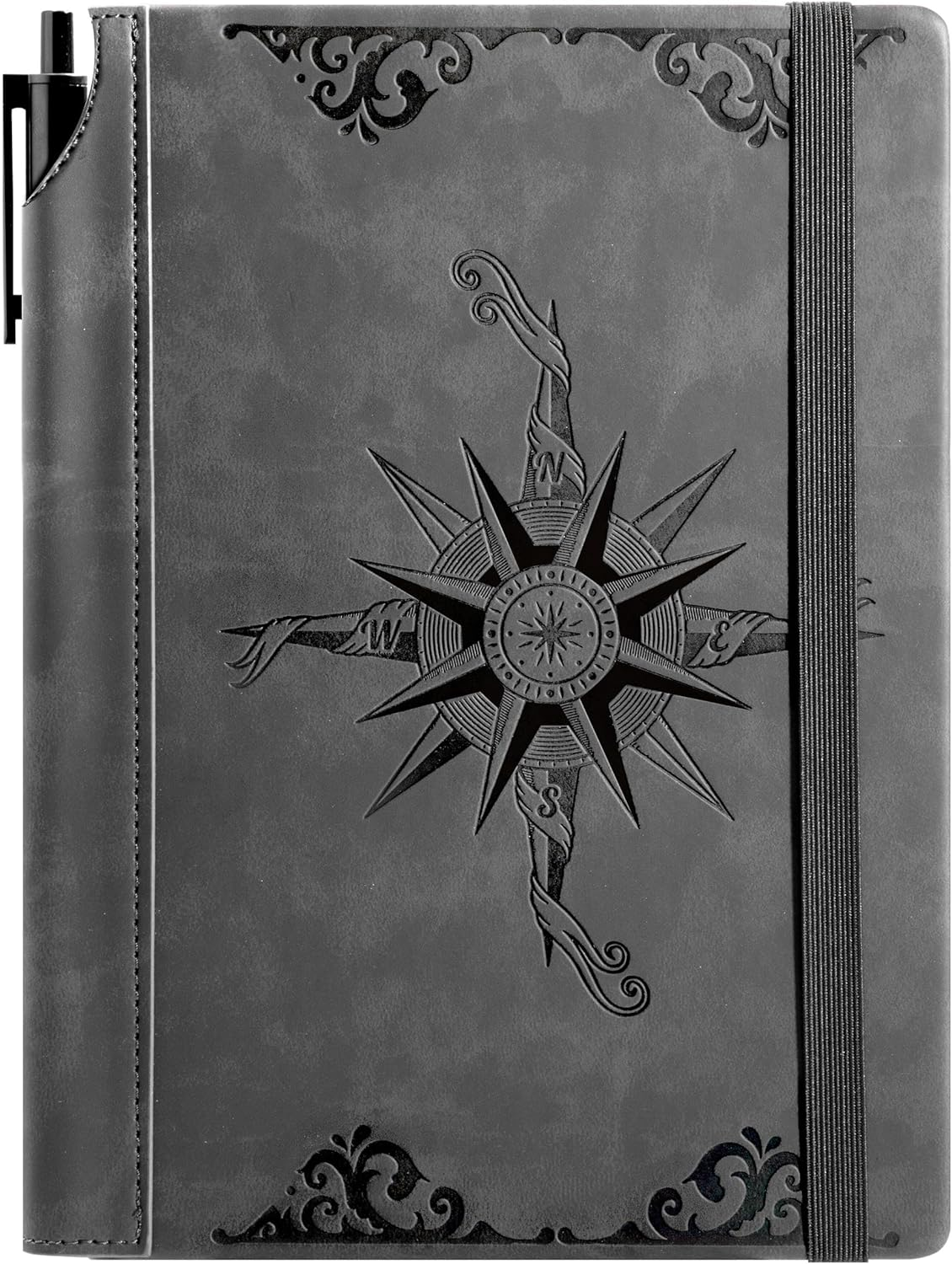 CAGIE Compass Leather Notebook Journal for Men, 100 GSM 288 Pages Lined Journals for Writing, A5 Hardcover Journaling Notebooks Gift Set with Pen for Travel Office Daily Writing - Black