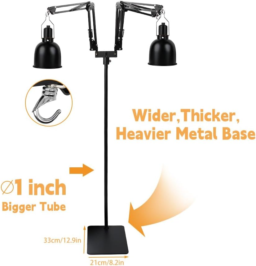 Dual Reptile Lamp Stand, Grow Light Stand with Two Flexible Brackets, Heat Lamp Metal Bracket Floor Light Holder and Light Fixture for Reptile Terrarium