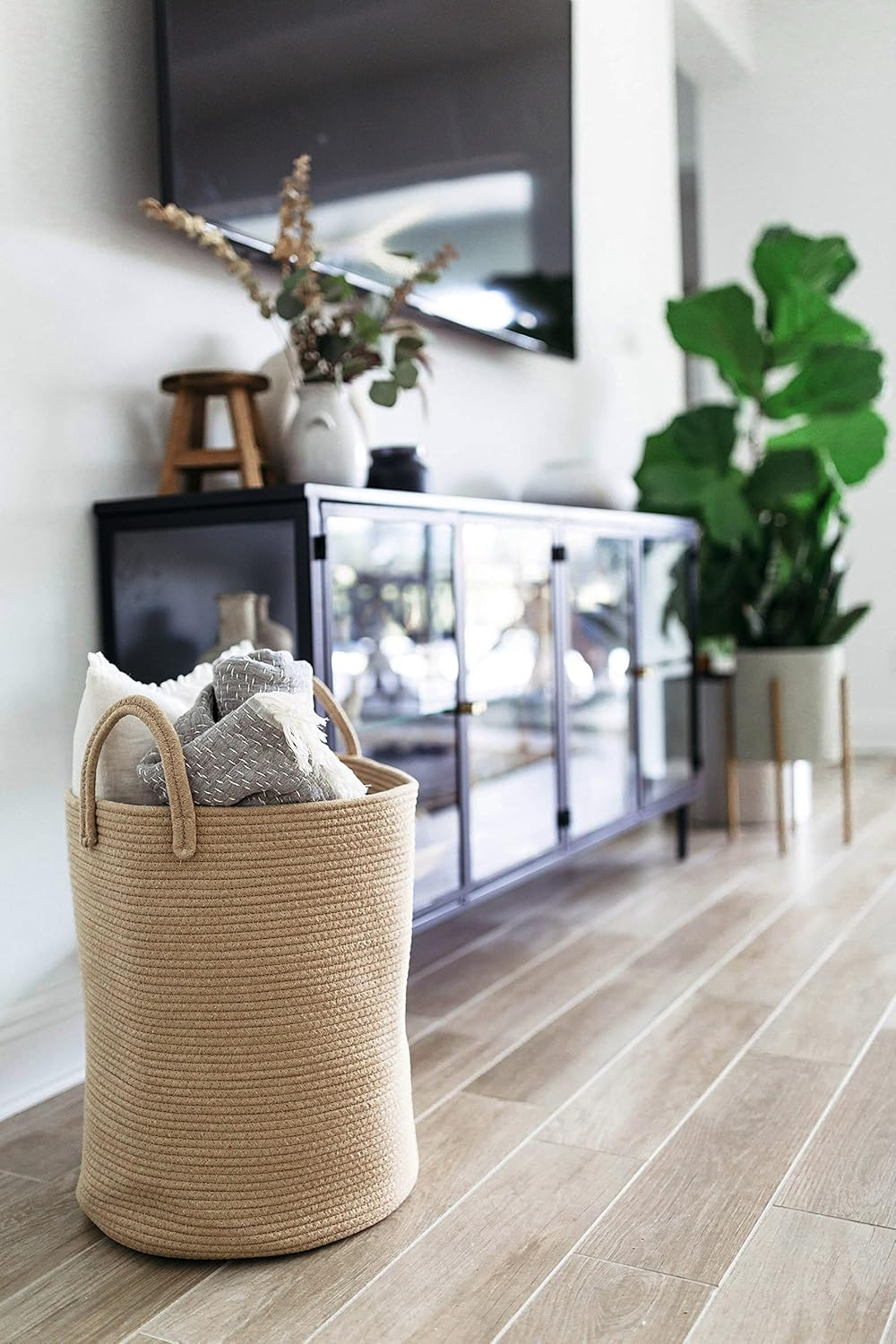 Organihaus Large Woven Cotton Rope Basket 15X18 | Tall Storage for Living Room, Nursery, Laundry | Big Container for Toys, Blankets - Honey image number 3