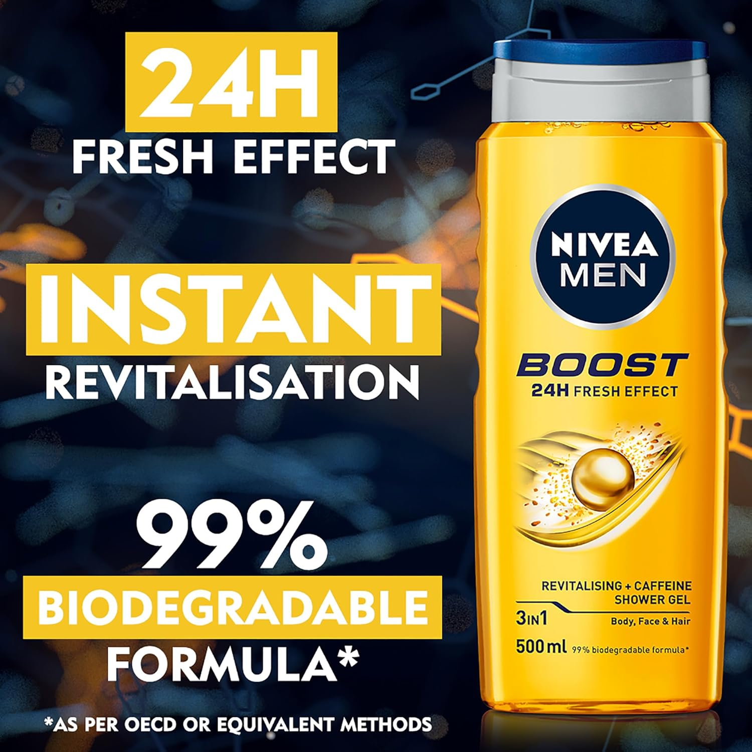 NIVEA MEN BOOST Shower Gel (500 Ml), Moisturising 3-In-1 Body Wash for Men with Naturally Sourced Caffeine, Revitalising NIVEA MEN Shower Gel image number 1