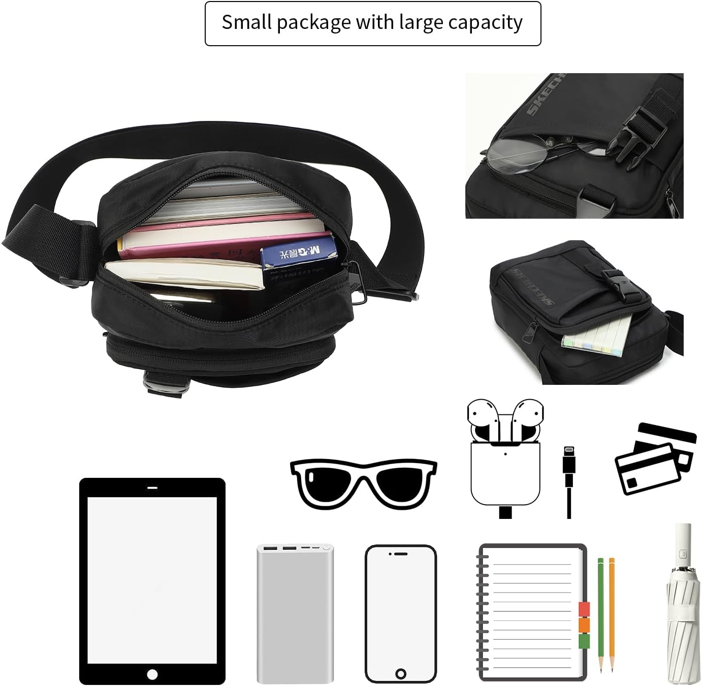 SKECHERS Waterproof Crossbody Messenger Bag for Men/Women, Small Shoulder Satchel Bag for Work/Sports/Travel, Casual Zipper Daypack Purse for Hiking/Cycling/Mountaineering image number 6