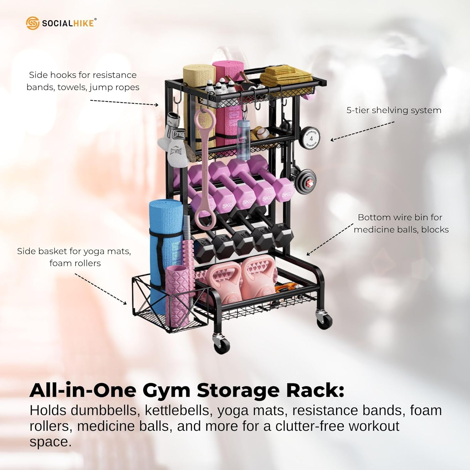 Social Hike Gym Equipment Storage Rack on Wheels - Dumbbells Weights Organiser image number 2