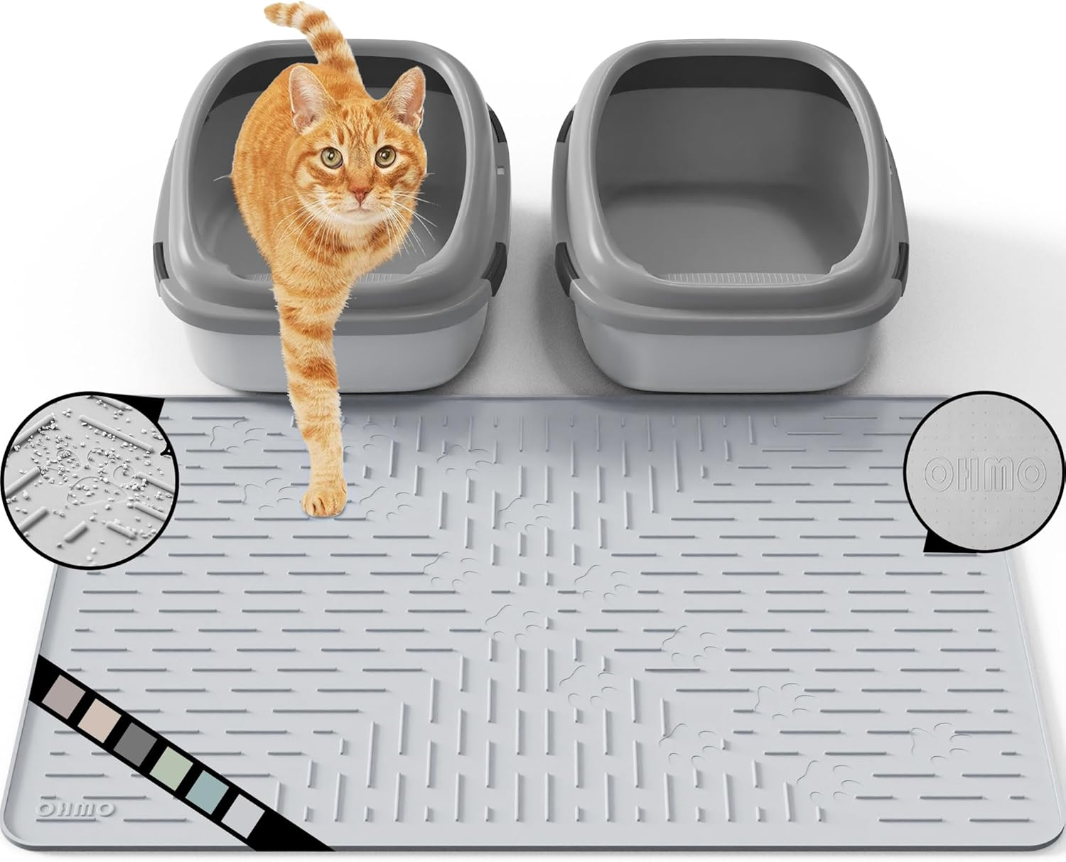 OHMO Cat Litter Mat Large Trapping Mat Premium Silicone Rubber 31.5X23.6" Ash, Waterproof and BPA Free Kitty Litter Box Mat, Easy to Clean and Keeps the Floor Tidy