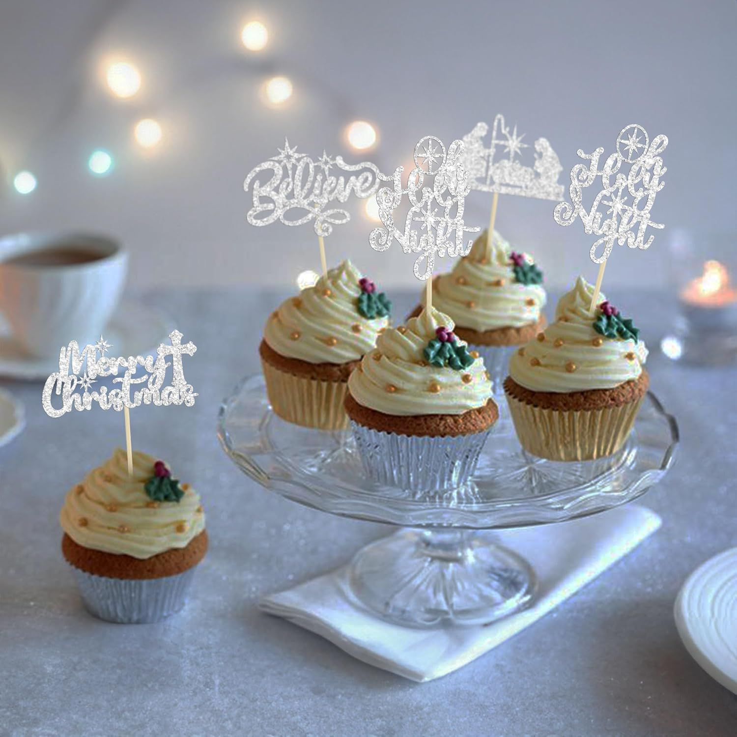 24Pcs Merry Christmas Nativity Cupcake Toppers Glitter Holy Night Blessed Hope Believe Jesus Birthday Cupcake Picks for Nativity Scene Theme Christmas Party Supplies Silver image number 4